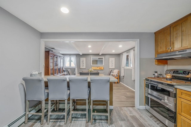 25 Biscayne Dr, Selden, NY 11784 - kitchen featuring range with two ovens, under cabinet range hood, light wood-type flooring, recessed lighting, and a kitchen breakfast bar