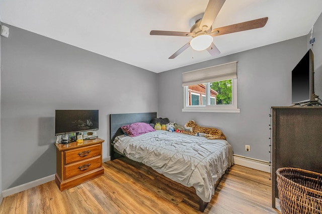 25 Biscayne Dr, Selden, NY 11784 - bedroom with a baseboard radiator, light wood-style floors, baseboards, and ceiling fan