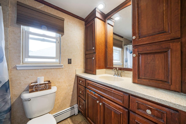 25 Biscayne Dr, Selden, NY 11784 - full bath featuring baseboard heating, vanity, toilet, and tile patterned floors