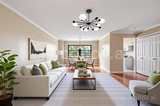 2545 Sedgwick Ave Unit 3B, Bronx, NY 10463 - living room with a chandelier, ornamental molding, light wood-type flooring, and baseboards