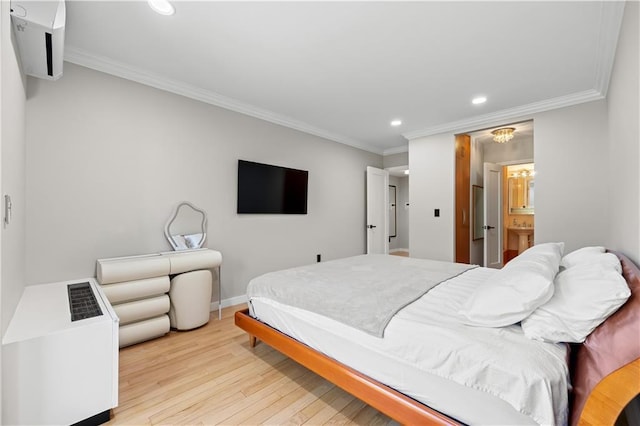 150 Oceana Dr W Unit 4B, Brooklyn, NY 11235 - bedroom featuring recessed lighting, crown molding, light wood-style floors, baseboards, and ensuite bath