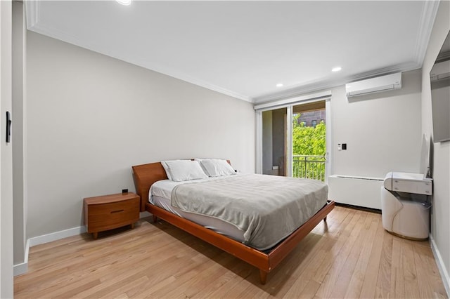150 Oceana Dr W Unit 4B, Brooklyn, NY 11235 - bedroom with a wall mounted AC, crown molding, access to exterior, light wood finished floors, and baseboards