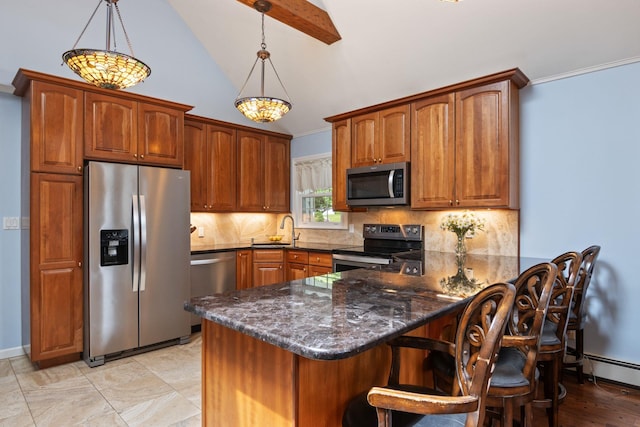 18 Chivalry Ln, Nesconset, NY 11767 - kitchen featuring stainless steel appliances, a sink, a peninsula, tasteful backsplash, and dark stone counters