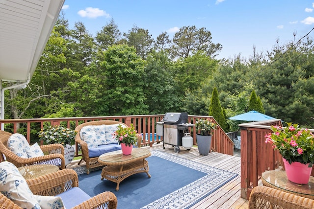 18 Chivalry Ln, Nesconset, NY 11767 - wooden deck featuring a grill, outdoor lounge area, and a forest view
