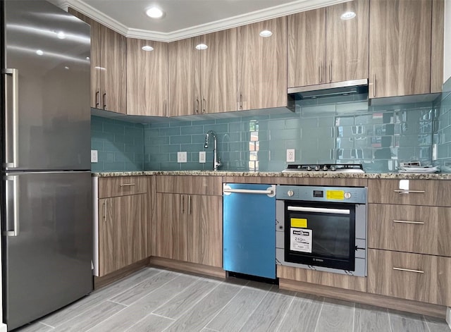 132-27 41st Rd Unit 4A, Flushing, NY 11355 - kitchen featuring stainless steel appliances, modern cabinets, extractor fan, light stone counters, and recessed lighting
