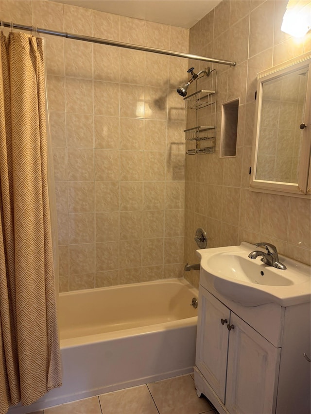 25-72 127th St, Flushing, NY 11354 - bathroom with tile patterned flooring, shower / tub combo with curtain, vanity, and tile walls