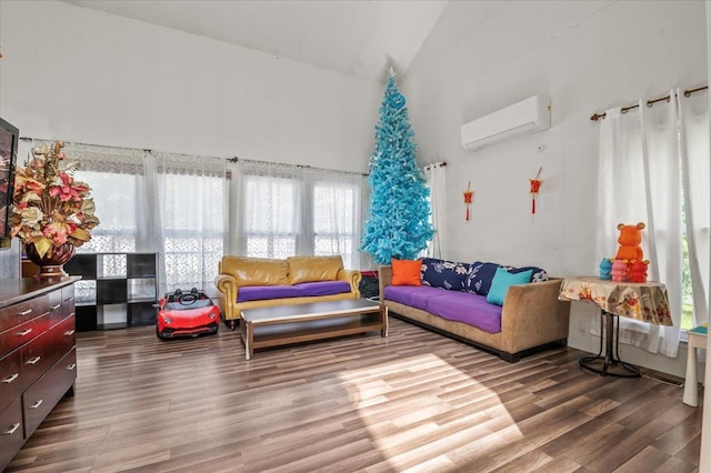204 Carnation Dr, Farmingdale, NY 11735 - living room with a wall mounted AC, high vaulted ceiling, and wood finished floors