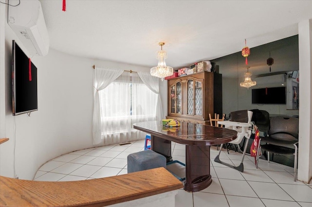 204 Carnation Dr, Farmingdale, NY 11735 - dining space with a wall mounted air conditioner, tile patterned flooring, and a chandelier