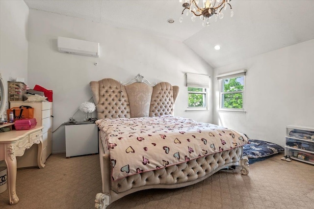 204 Carnation Dr, Farmingdale, NY 11735 - bedroom featuring a wall mounted air conditioner, light carpet, vaulted ceiling, a chandelier, and recessed lighting