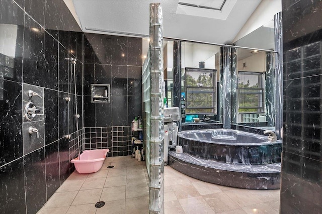 204 Carnation Dr, Farmingdale, NY 11735 - full bath featuring a bath, tile walls, tile patterned flooring, and vaulted ceiling
