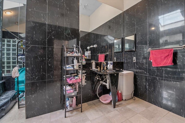 204 Carnation Dr, Farmingdale, NY 11735 - bathroom featuring tile walls and a sink
