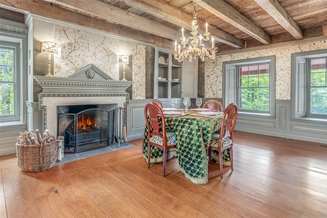 1282 Old Post Rd, Ulster Park, NY 12487 - dining room featuring wood-type flooring, a chandelier, wallpapered walls, a fireplace with flush hearth, and a wainscoted wall