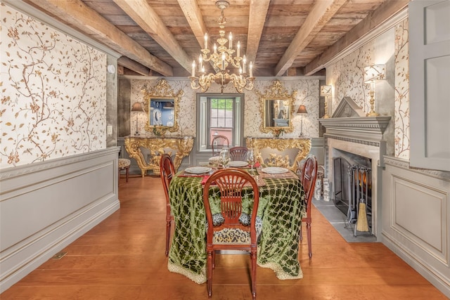 1282 Old Post Rd, Ulster Park, NY 12487 - dining space featuring wooden ceiling with exposed beams, wallpapered walls, a chandelier, wood finished floors, and a wainscoted wall