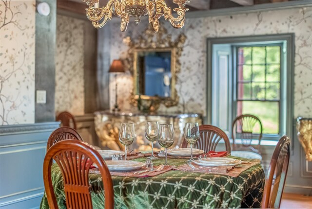 1282 Old Post Rd, Ulster Park, NY 12487 - dining space featuring a chandelier, wood finished floors, wallpapered walls, and baseboards