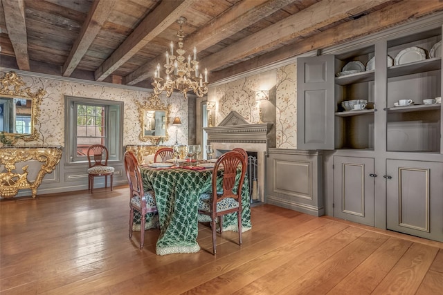1282 Old Post Rd, Ulster Park, NY 12487 - dining space featuring wood ceiling with exposed beams, wallpapered walls, light wood finished floors, a chandelier, and a decorative wall