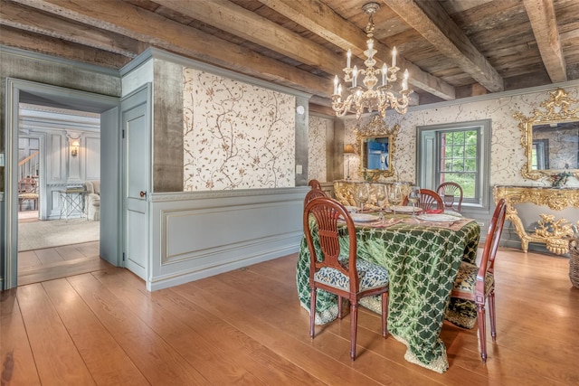 1282 Old Post Rd, Ulster Park, NY 12487 - dining space featuring a chandelier, hardwood / wood-style floors, wainscoting, wood ceiling with exposed beams, and wallpapered walls