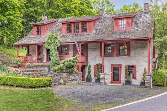 1282 Old Post Rd, Ulster Park, NY 12487 - view of front of house with a chimney, covered porch, and stone siding