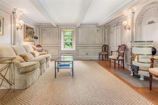 1282 Old Post Rd, Ulster Park, NY 12487 - living area featuring a decorative wall, wood finished floors, crown molding, and beamed ceiling