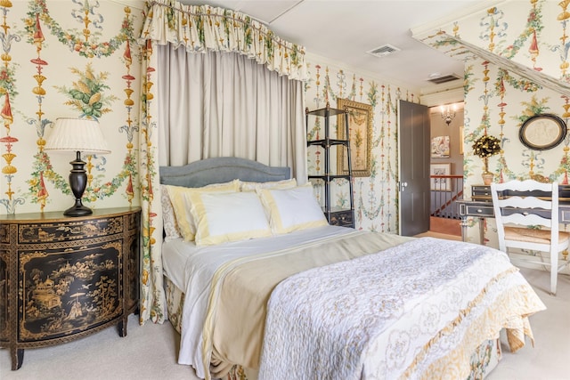 1282 Old Post Rd, Ulster Park, NY 12487 - carpeted bedroom with wallpapered walls and ornamental molding