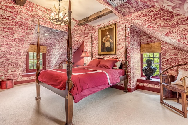 1282 Old Post Rd, Ulster Park, NY 12487 - carpeted bedroom featuring wallpapered walls, baseboards, a chandelier, and beam ceiling