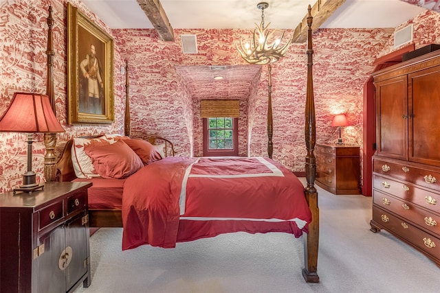 1282 Old Post Rd, Ulster Park, NY 12487 - bedroom featuring wallpapered walls, carpet flooring, a chandelier, and beamed ceiling