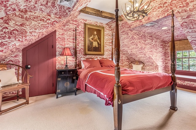 1282 Old Post Rd, Ulster Park, NY 12487 - bedroom featuring wallpapered walls, light carpet, and a chandelier