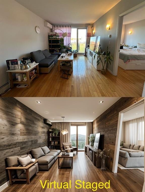 136-21 Latimer Pl Unit 5H, Flushing, NY 11354 - living room featuring wooden walls, hardwood / wood-style flooring, a wall mounted air conditioner, an AC wall unit, and an accent wall