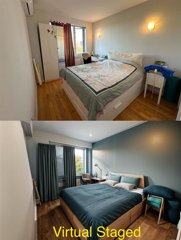 136-21 Latimer Pl Unit 5H, Flushing, NY 11354 - bedroom featuring a wall mounted AC and wood finished floors