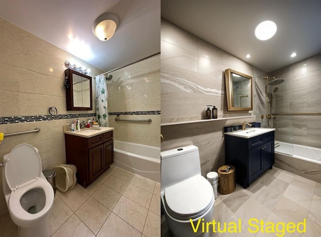 136-21 Latimer Pl Unit 5H, Flushing, NY 11354 - full bathroom featuring tile walls, toilet, shower / bath combo with shower curtain, and vanity