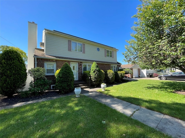 74 Webster Ave, West Islip, NY 11795 - view of front facade with brick siding, a front lawn, and a chimney