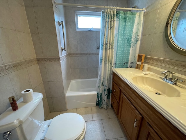 74 Webster Ave, West Islip, NY 11795 - bathroom with toilet, tile walls, tile patterned floors, shower / bathtub combination with curtain, and vanity