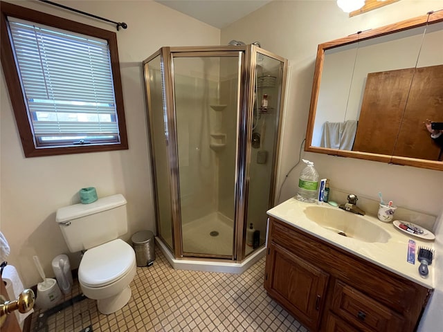 74 Webster Ave, West Islip, NY 11795 - full bathroom with vanity, toilet, a shower stall, and tile patterned floors