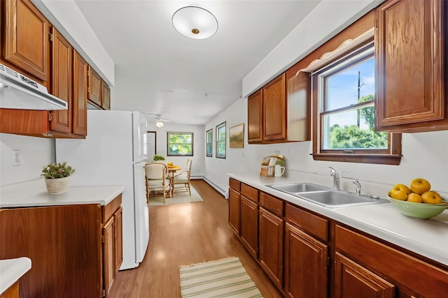 89 Brown Rd, Wappingers Falls, NY 12590 - kitchen featuring a sink, light countertops, light wood finished floors, freestanding refrigerator, and brown cabinets
