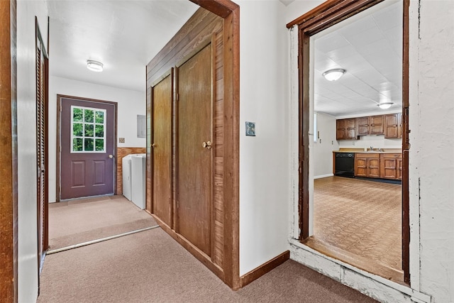 89 Brown Rd, Wappingers Falls, NY 12590 - hallway with light carpet, baseboards, and a sink