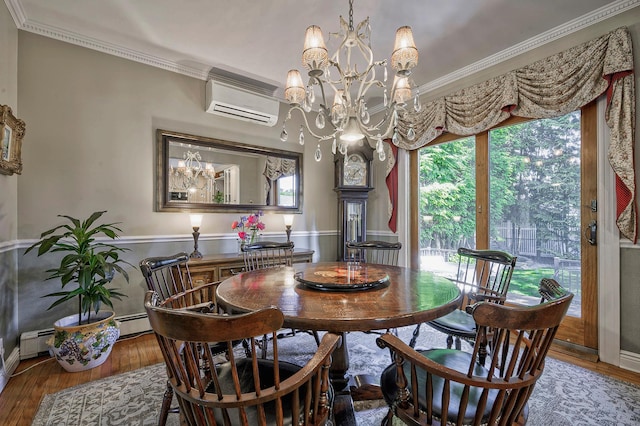 23 S Sixth St, Locust Valley, NY 11560 - dining space featuring a wall mounted air conditioner, a chandelier, wood finished floors, crown molding, and baseboard heating