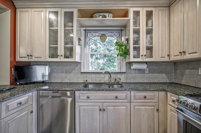 23 S Sixth St, Locust Valley, NY 11560 - kitchen with appliances with stainless steel finishes, a sink, backsplash, and dark stone countertops