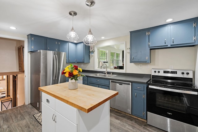 323 Harris Rd, Monticello, NY 12701 - kitchen with appliances with stainless steel finishes, blue cabinets, a sink, dark wood finished floors, and recessed lighting