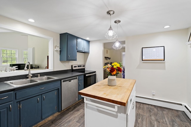 323 Harris Rd, Monticello, NY 12701 - kitchen with appliances with stainless steel finishes, a sink, blue cabinets, dark wood-type flooring, and wooden counters