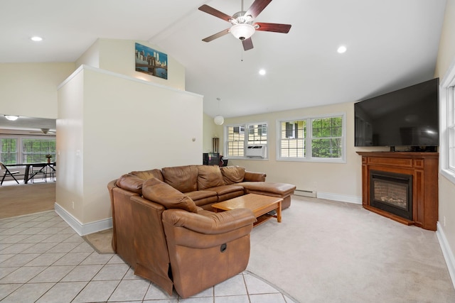 323 Harris Rd, Monticello, NY 12701 - living room with ceiling fan, cooling unit, light colored carpet, high vaulted ceiling, and a glass covered fireplace