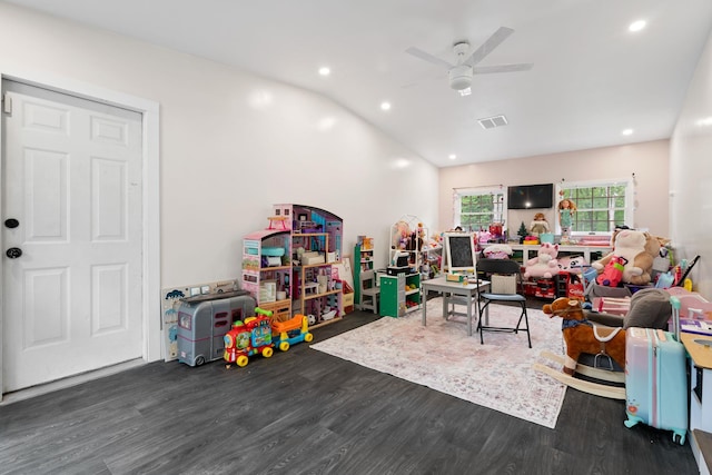 323 Harris Rd, Monticello, NY 12701 - rec room with wood finished floors, a ceiling fan, lofted ceiling, and recessed lighting