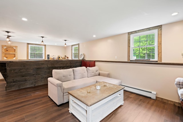 323 Harris Rd, Monticello, NY 12701 - living room featuring a baseboard radiator, dark wood-type flooring, recessed lighting, and baseboards