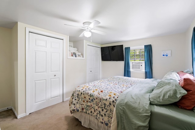 323 Harris Rd, Monticello, NY 12701 - bedroom with cooling unit, light carpet, baseboards, and a ceiling fan