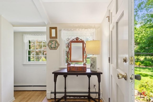 43 Hill St, Wading River, NY 11792 - entryway with a baseboard radiator, beamed ceiling, and wood finished floors