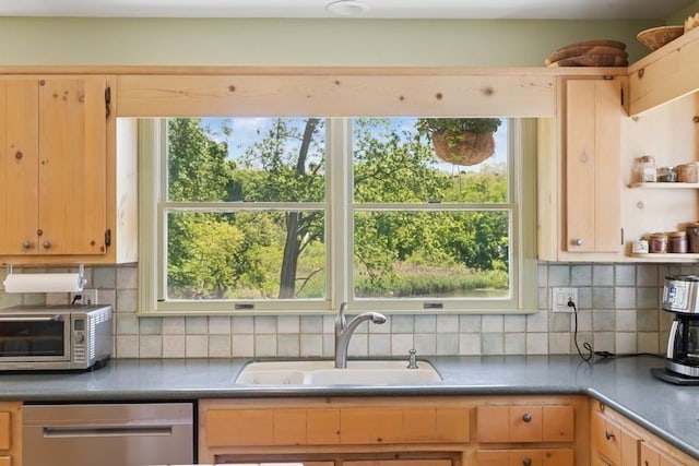 43 Hill St, Wading River, NY 11792 - kitchen featuring stainless steel dishwasher, decorative backsplash, and plenty of natural light