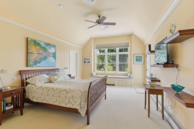 43 Hill St, Wading River, NY 11792 - bedroom with crown molding, light carpet, vaulted ceiling, and baseboard heating
