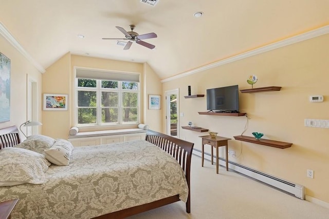 43 Hill St, Wading River, NY 11792 - carpeted bedroom with a baseboard radiator, vaulted ceiling, and ornamental molding