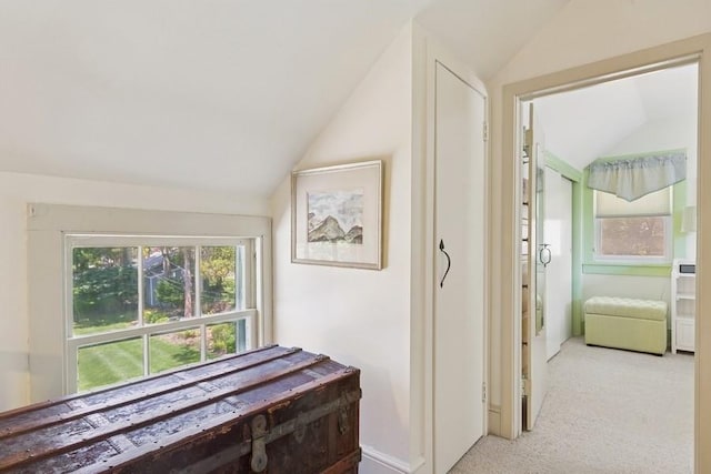 43 Hill St, Wading River, NY 11792 - hall featuring lofted ceiling and carpet floors
