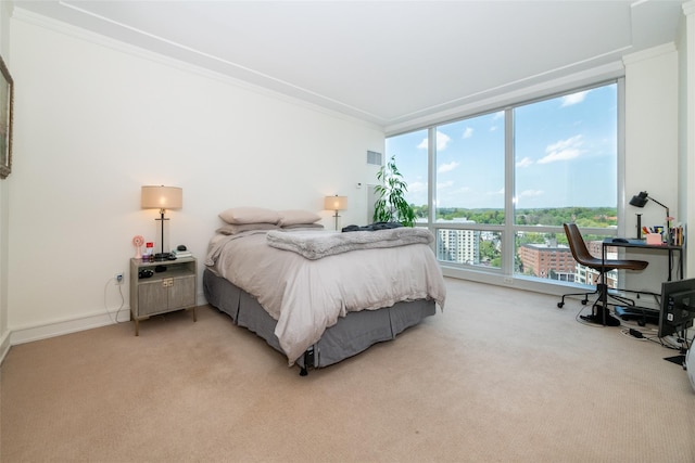 5 Renaissance Sq Unit 17B, White Plains, NY 10601 - bedroom with crown molding, light carpet, baseboards, floor to ceiling windows, and a desk