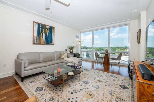 5 Renaissance Sq Unit 17B, White Plains, NY 10601 - living room featuring floor to ceiling windows, healthy amount of natural light, wood-type flooring, ceiling fan, and ornamental molding