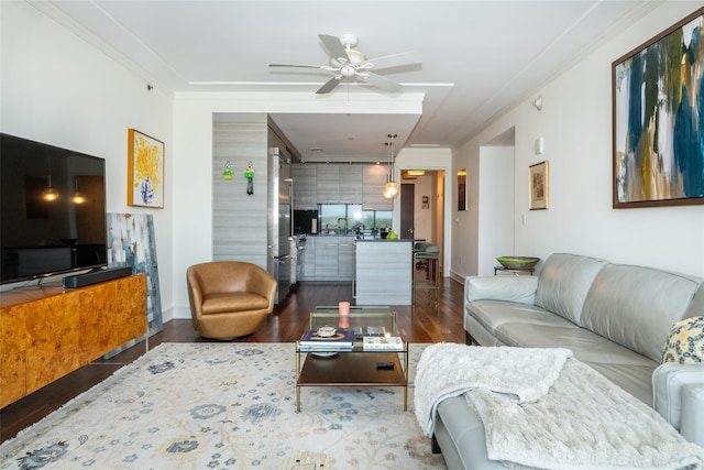 5 Renaissance Sq Unit 17B, White Plains, NY 10601 - living area with a ceiling fan, wood finished floors, baseboards, and crown molding